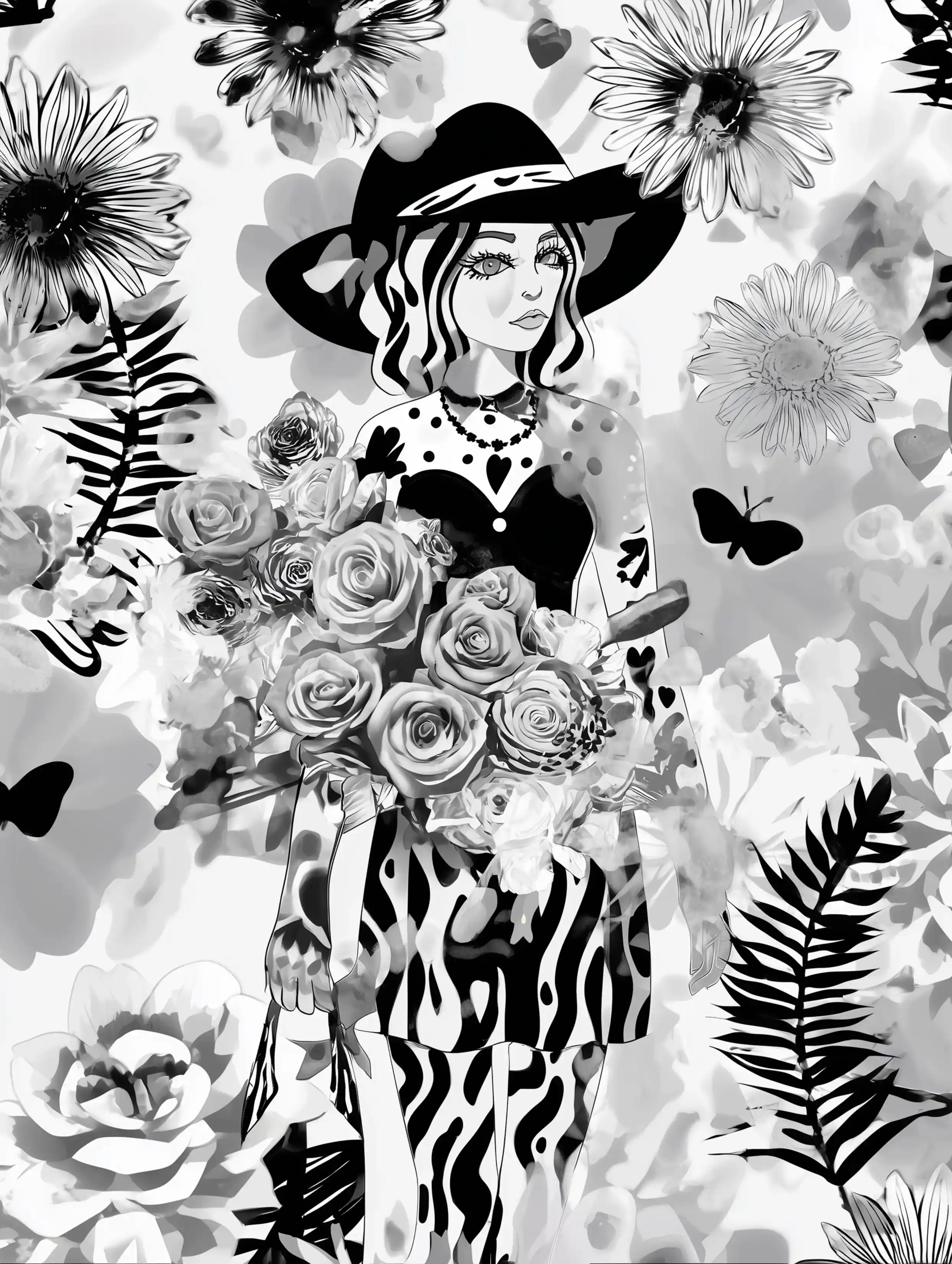 Free printable witch coloring page for adults featuring a witch holding a bouquet